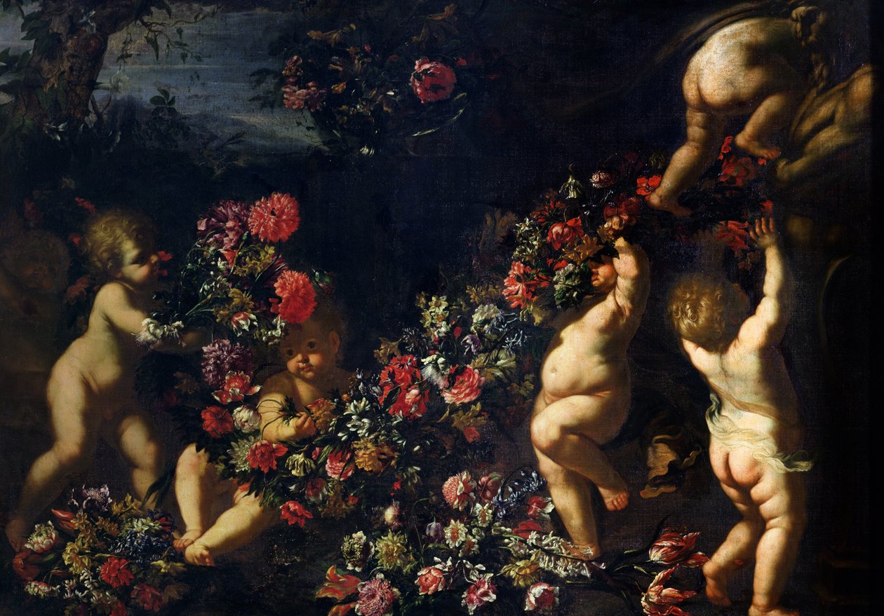 Putti leker med blomsterkranser av Carlo Maratta or Maratti