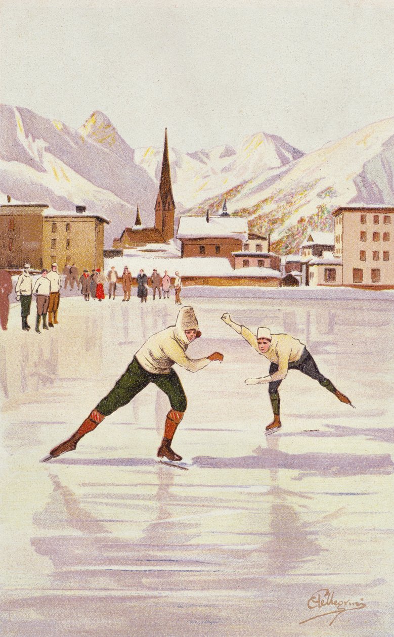 Skatere løper på skøytebanen i Davos, Sveits av Carlo Pellegrini