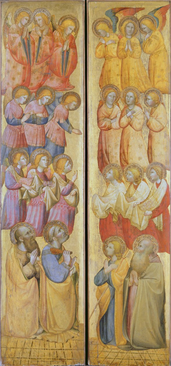 Venstre panel: St. Peter og St. Paul med engler; Høyre panel: St. James and St. Andrew with Angels, ca. 1400 (tempera med gull på panel) av Carlo da Camerino