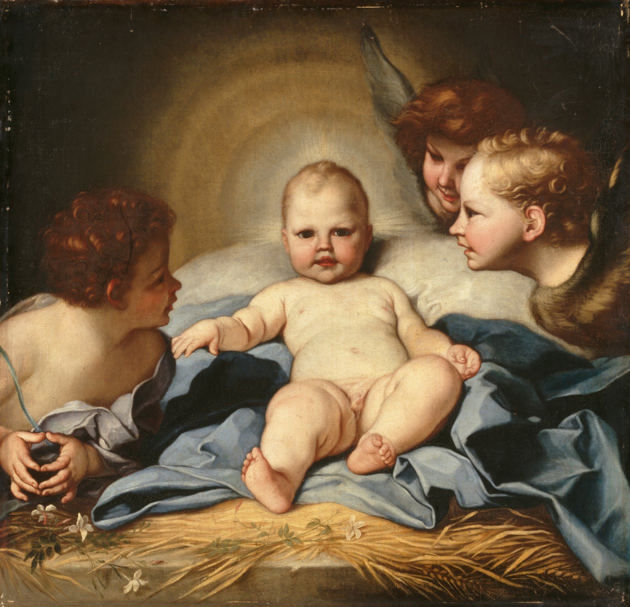 The Infant Christ with Angels and the Infant Saint John the Baptist (olje på lerret) av Carlo (follower of) Maratta or Maratti