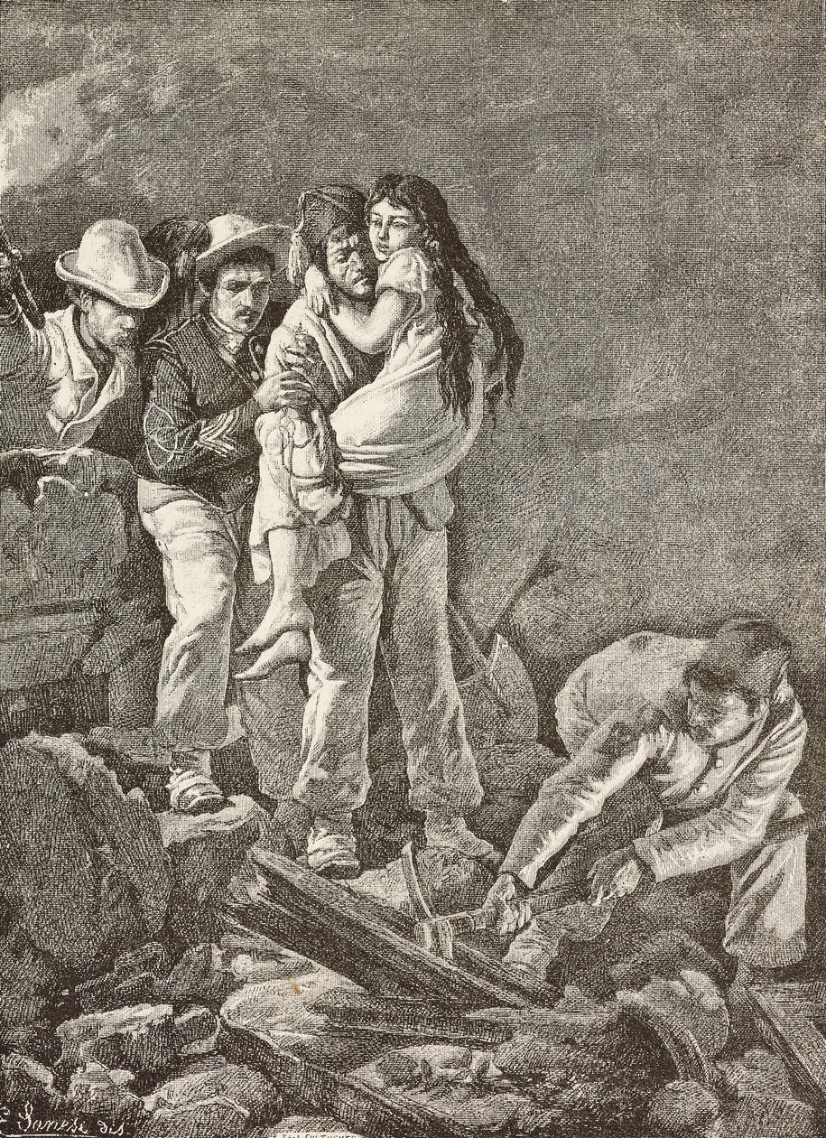 En jente blir reddet etter at hjemmet hennes kollapset, jordskjelvet i Casamicciola, Italia, gravering fra en tegning av E Sanesi og et maleri av Carlo Ademollo (1824-1911), fra L
