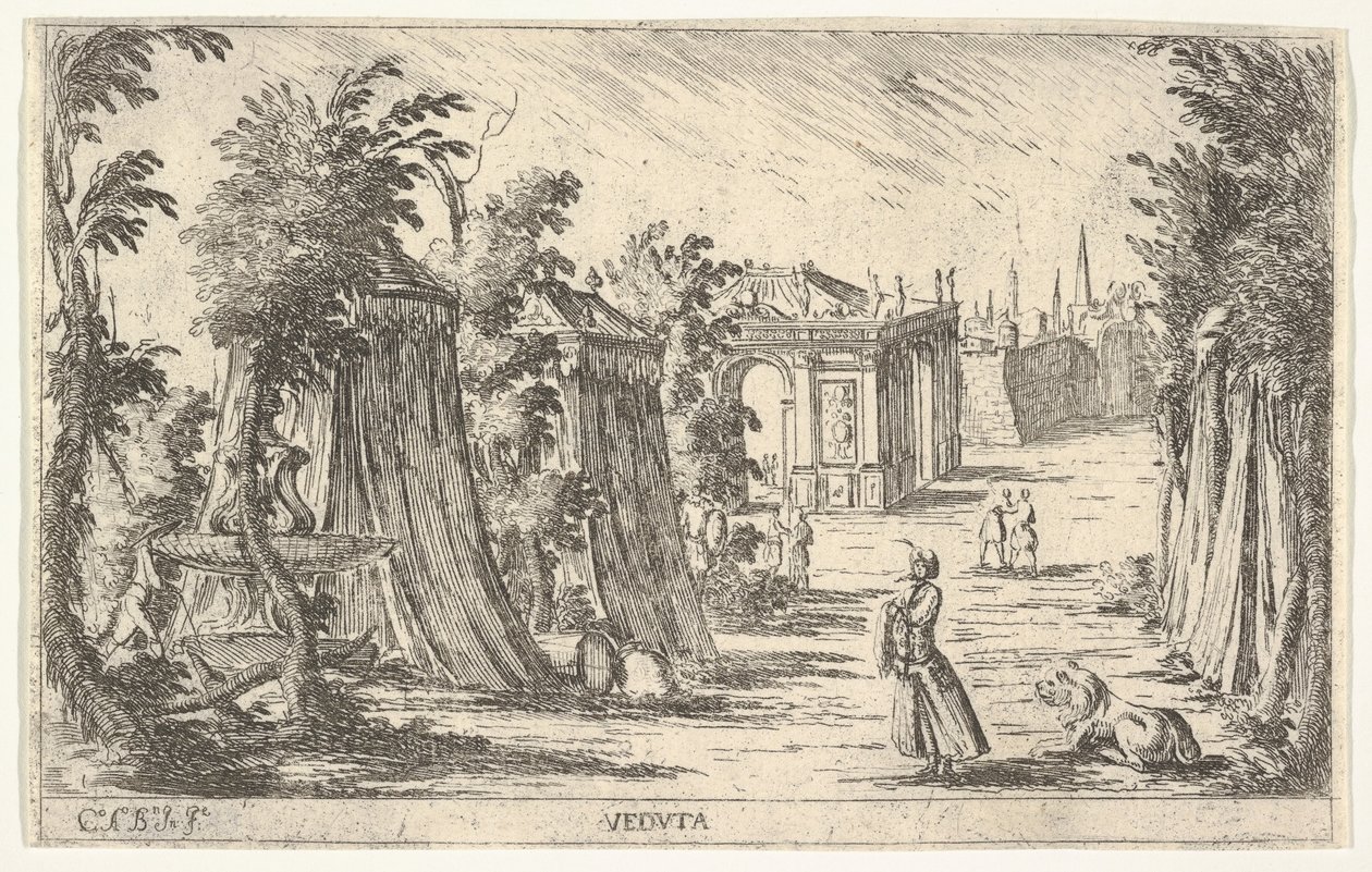 Utsikt med en mann i turban og en løve stående til høyre, telt og klassisk arkitt..., 1680-1710. av Carlo Antonio Buffagnotti