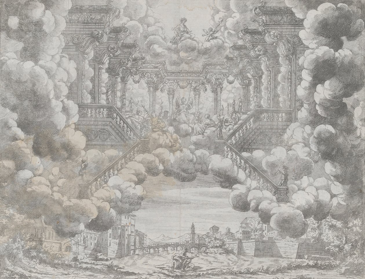 Scenografi med allegoriske figurer på en trapp, fra 'L'Eta Dell'Oro', ca. 1690. av Carlo Antonio Forti