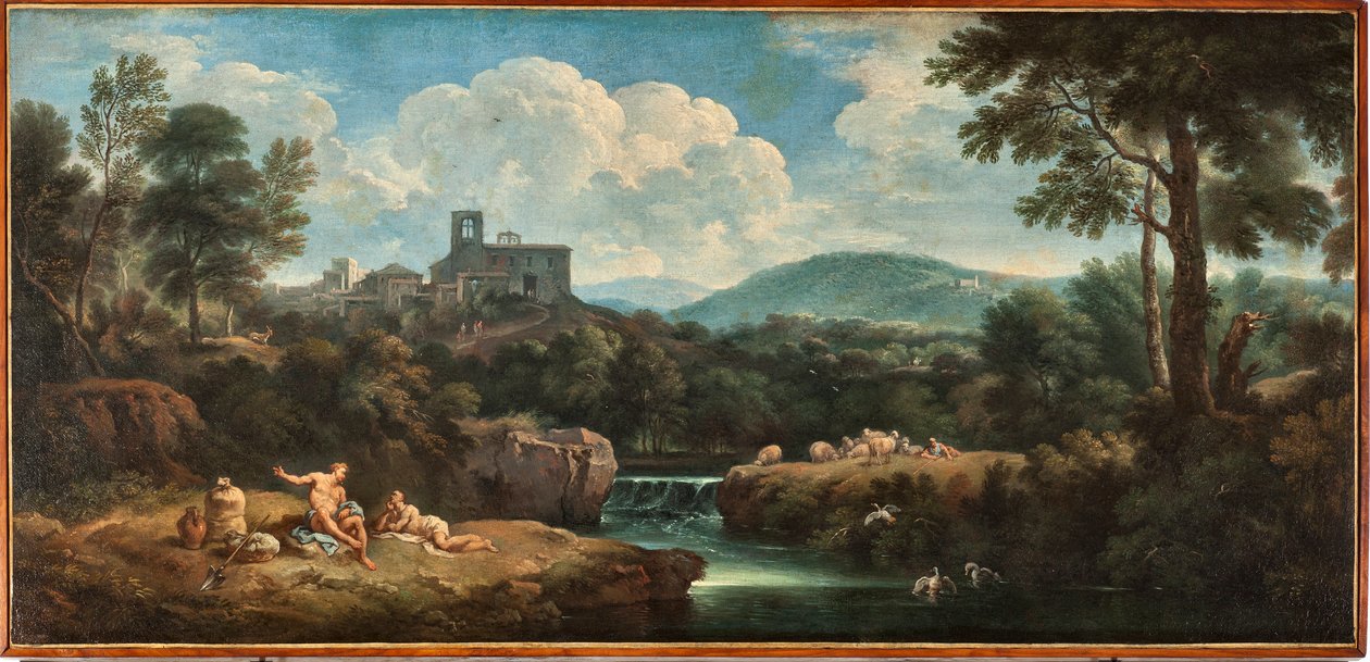Landskap med elv, arbeidere kledd i antikk mote og en landsby Maleri av Carlo Antonio Tavella dit Il Solfarola (1668-1738) Musei di Strada Nuova (ex Palazzo Bianco) Genes, Italia av Carlo Antonio Tavella
