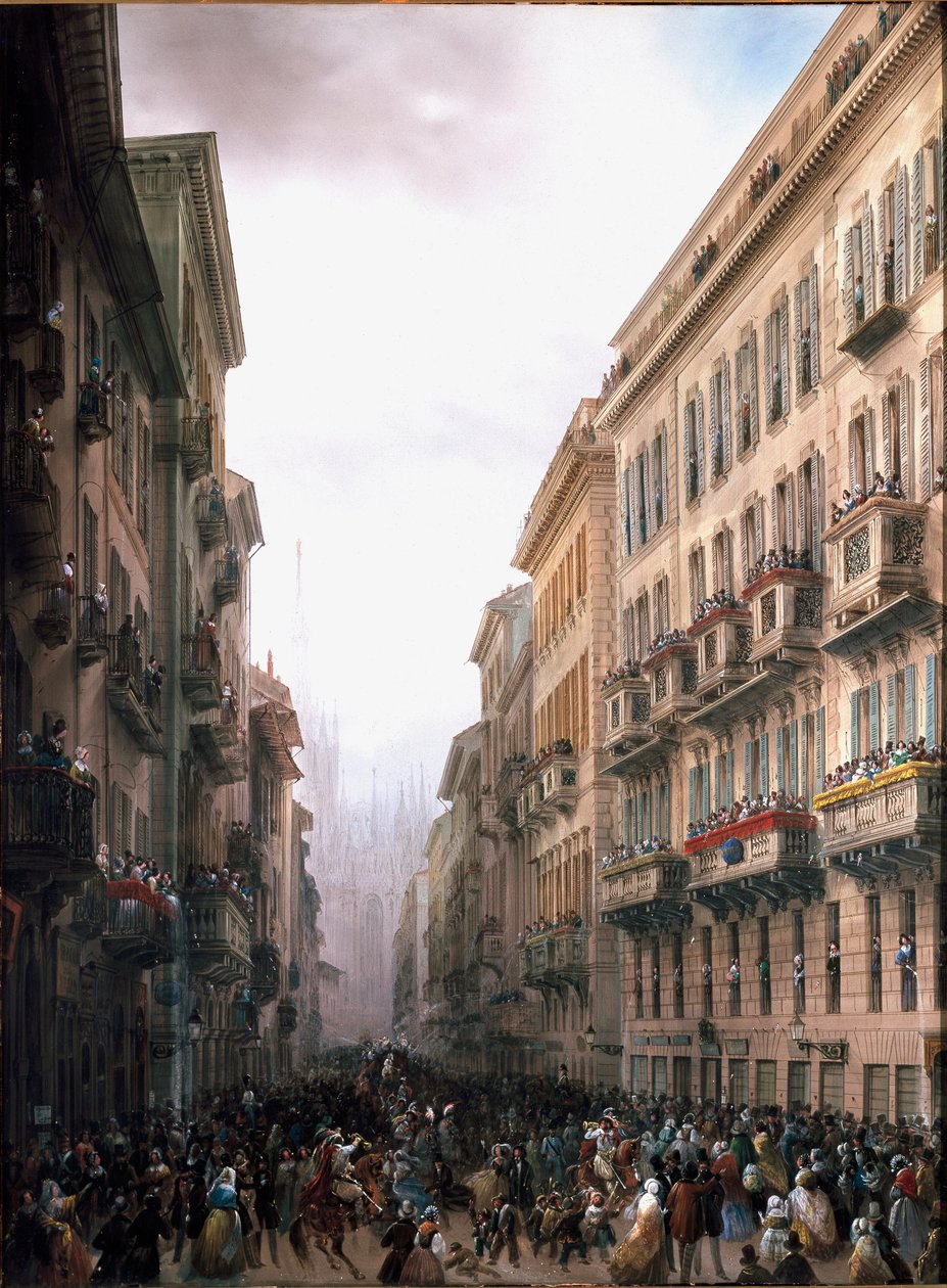 Karneval i Milano-gaten (olje på lerret, ca. 1847) av Carlo Bossoli