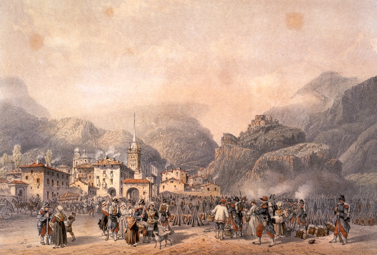 Fransk leir ved Susa i 1859, av Carlo Bossoli (1815-1884), gravering. Andre uavhengighetskrig, Italia 1800-tallet. av Carlo Bossoli
