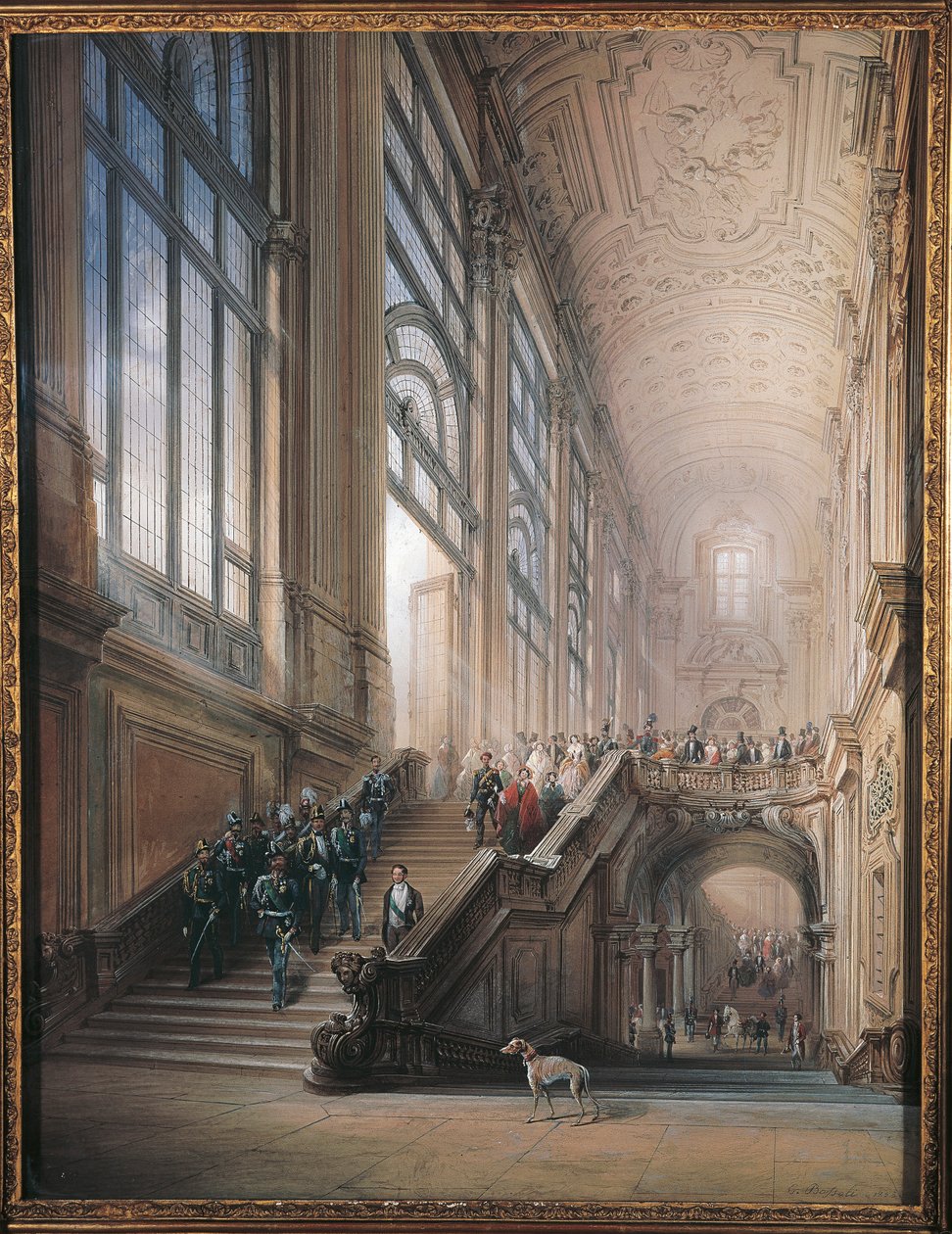 Kong Victor Emmanuel II, Cavour, ministrene og domstolen går ned trappene i Senatet i Torino, etter åpningstalen i det subalpine parlamentet av Carlo Bossoli