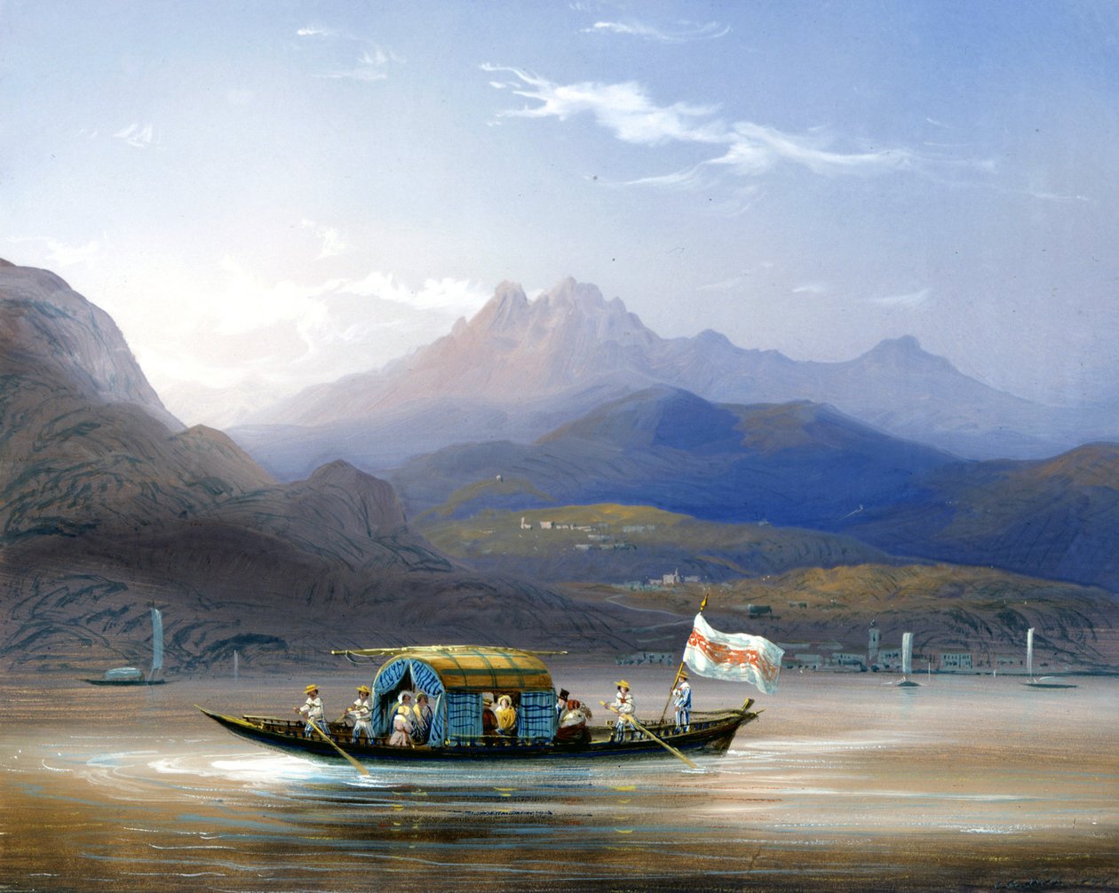 Comosjøen. En båt. På bakgrunnen kan du se Groma-fjellet, ca 1830. Bossoli-maleri. Como, privat al. av Carlo Bossoli