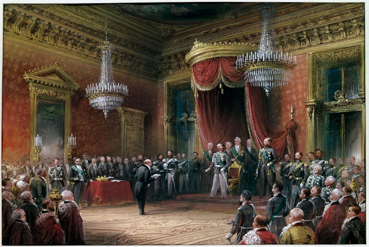 Risorgimento - Carlo Farini (1812-1866) presenterer Victor Emmanuel II (Victor Emmanuel) (1820-1878) pakten om annektering av Emilia Romagna i 1860 (olje på lerret) av Carlo Bossoli