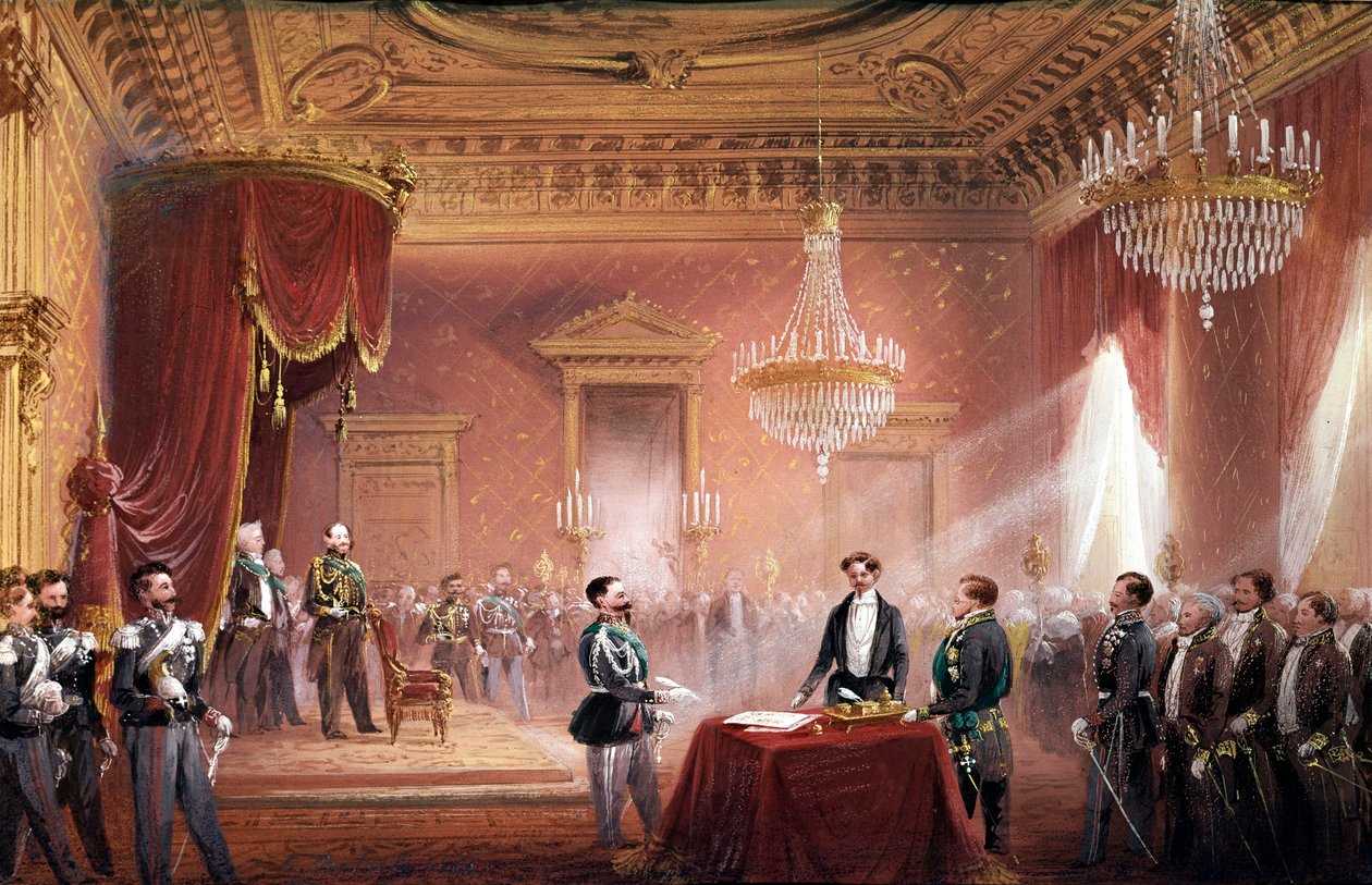 Risorgimento - Victor Emmanuel II (Victor Emmanuel) (Vittorio Emanuele) (1820-1878) undertegnet traktaten om annektering av Toscana presentert av Bettino Ricasoli (1809-1880) 22. mars av Carlo Bossoli
