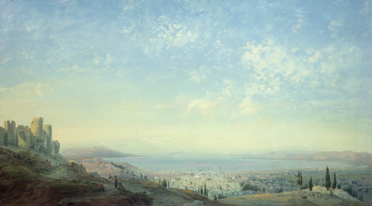 Smyrna fra Citadel på Mount Pagus, Cesme-halvøya og Gardens of Bornora med Phocaea-kysten, 1839 (tempera på lin) av Carlo Bossoli