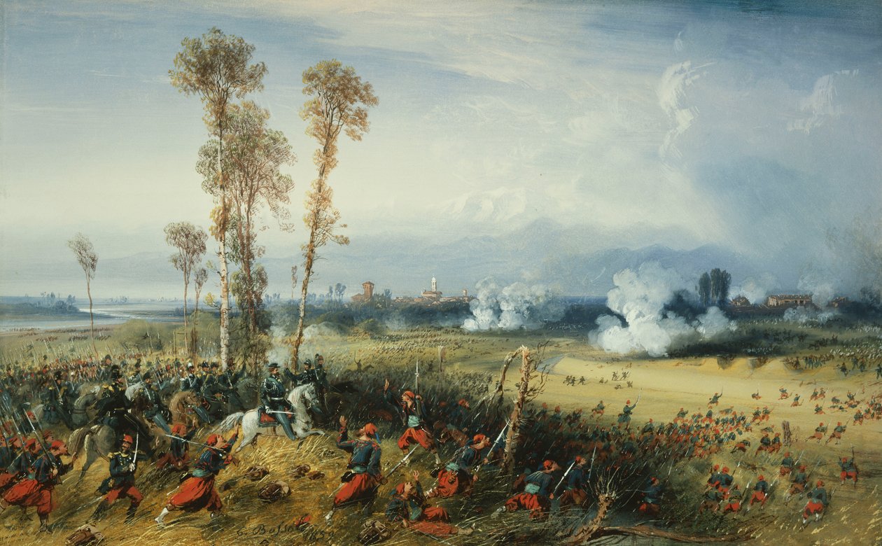 Krigen i Italia: Slaget ved Palestro, kongen av Sardinia som leder troppene, 1859 av Carlo Bossoli