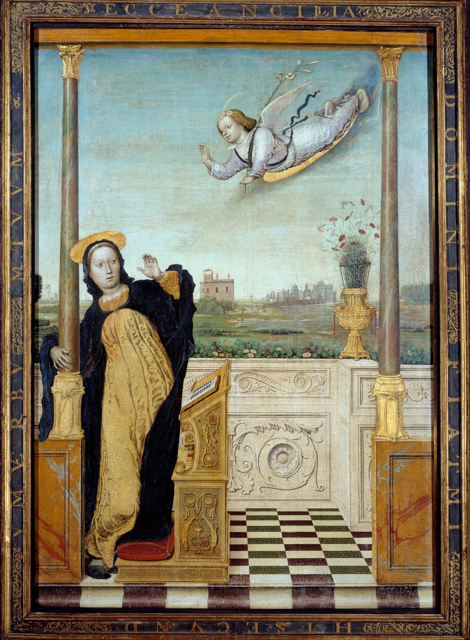 Kunngjøring. Sentralt panel av en triptyk. Maleri av Carlo Di Giovani Braccesco (1478-1501) av Carlo Braccesco