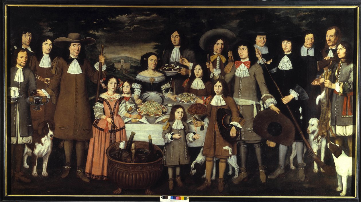 Portrett av en familie eller "" Drikk under et jaktspill""". Maleri av Carlo Cane (1618-1688). 1600-talls maleri. Pinacoteca del Castello Sforzesco Milano av Carlo Cane