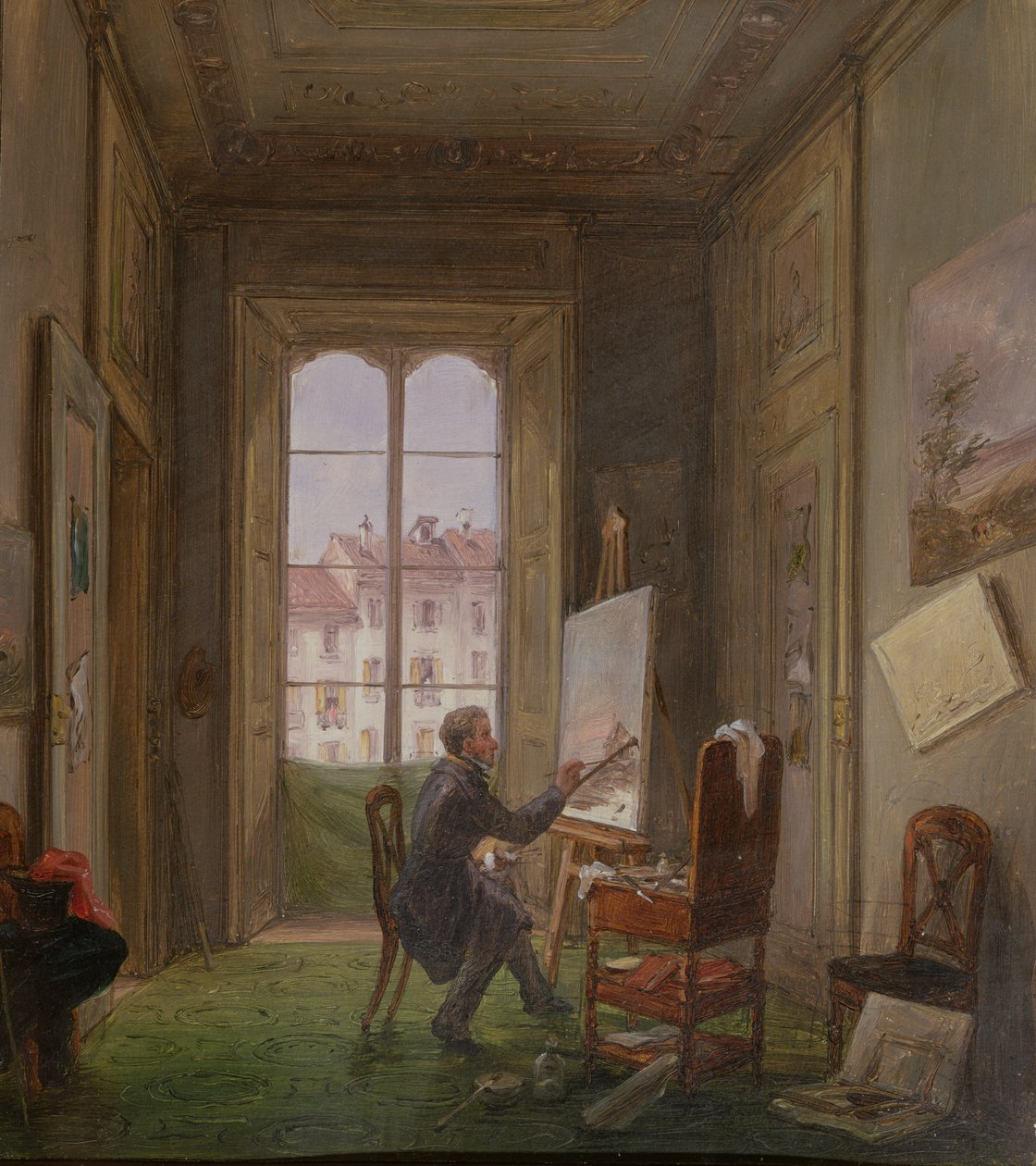 Maleren Giuseppe Canella i arbeid på et lerret i atelieret sitt, ca. 1830 av Carlo Canella