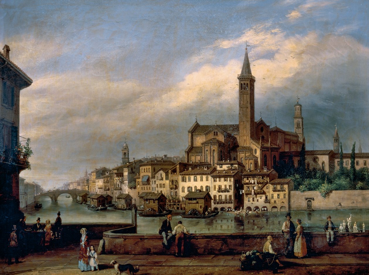 Utsikt langs elven Adige i Verona, med Church of St Anastasia i bakgrunnen av Carlo Canella