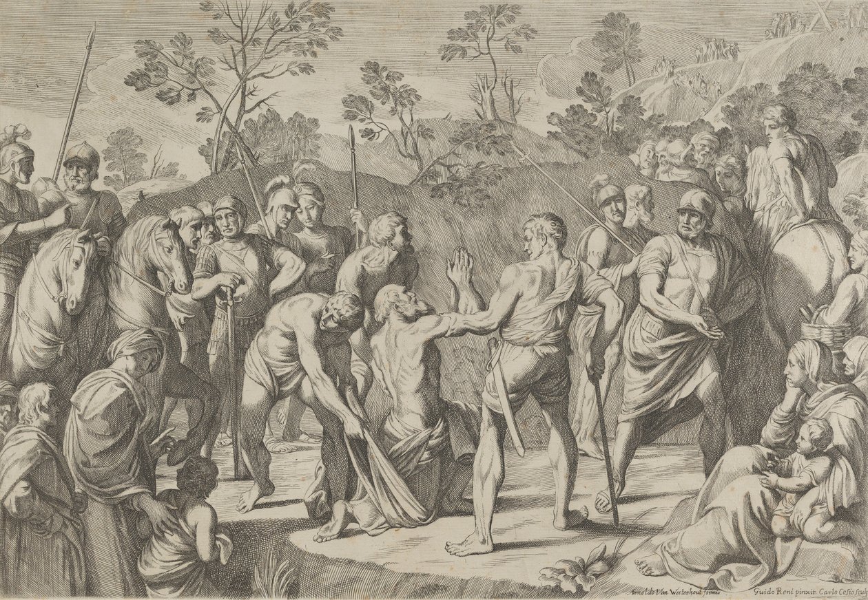 Saint Andrew kneler i bønn mens han blir ført til korset, etter Reni, 1650-80. av Carlo Cesi