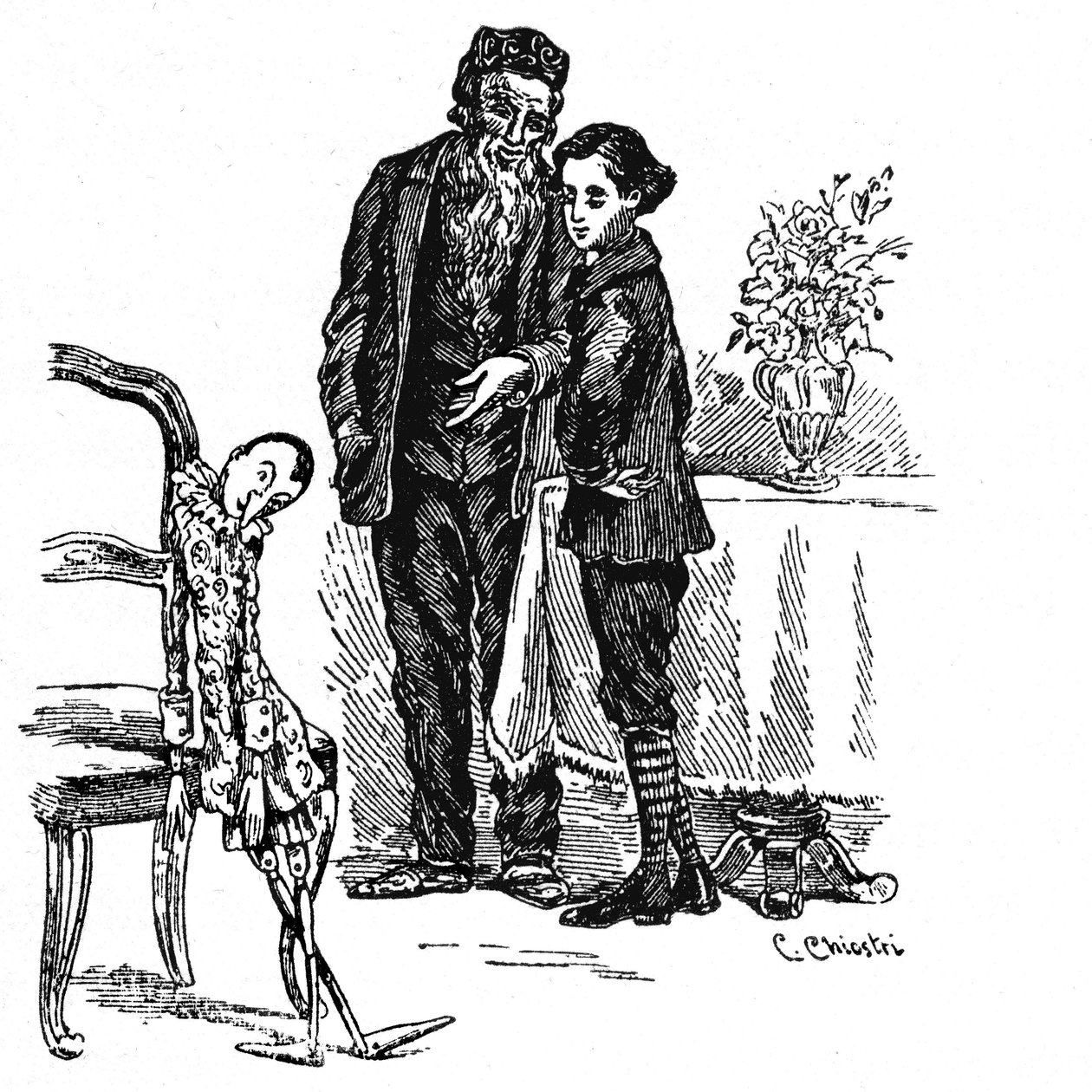 Illustrasjon av Pinocchio av Carlo Chiostri (1863-1939), en av de første italienske illustratørene av Collodis verk. Pinocchio, som endelig blir en ekte liten gutt, ser sammen med Geppettto på tredukken han var. av Carlo Chiostri