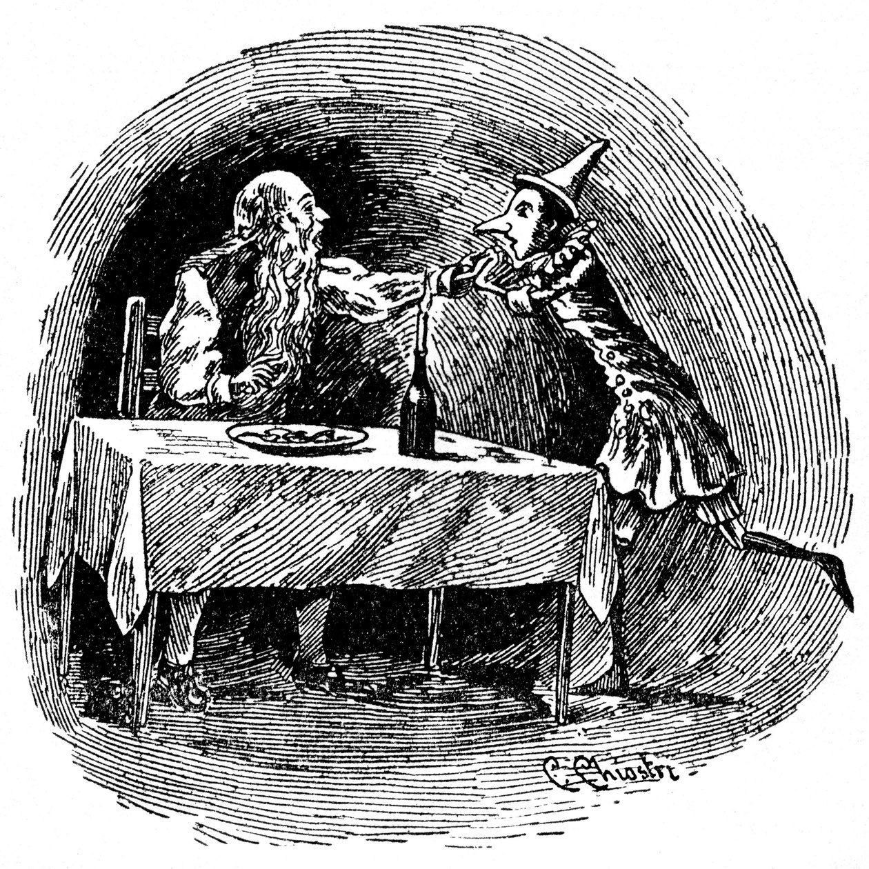 Illustrasjon av Pinocchio av Carlo Chiostri (1863-1939), en av de første italienske illustratørene av Collodis verk. Tredukken finner faren Gepetto i magen til haien som svelget dem. av Carlo Chiostri