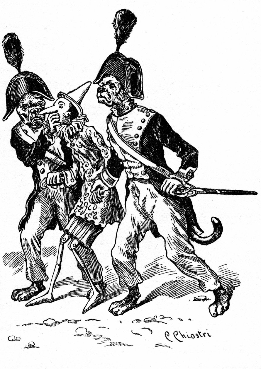 Illustrasjon av Pinocchio av Carlo Chiostri (1863-1939), en av de første italienske illustratørene av Collodis verk. To hunder utkledd som gendarmer tar tredukken. av Carlo Chiostri