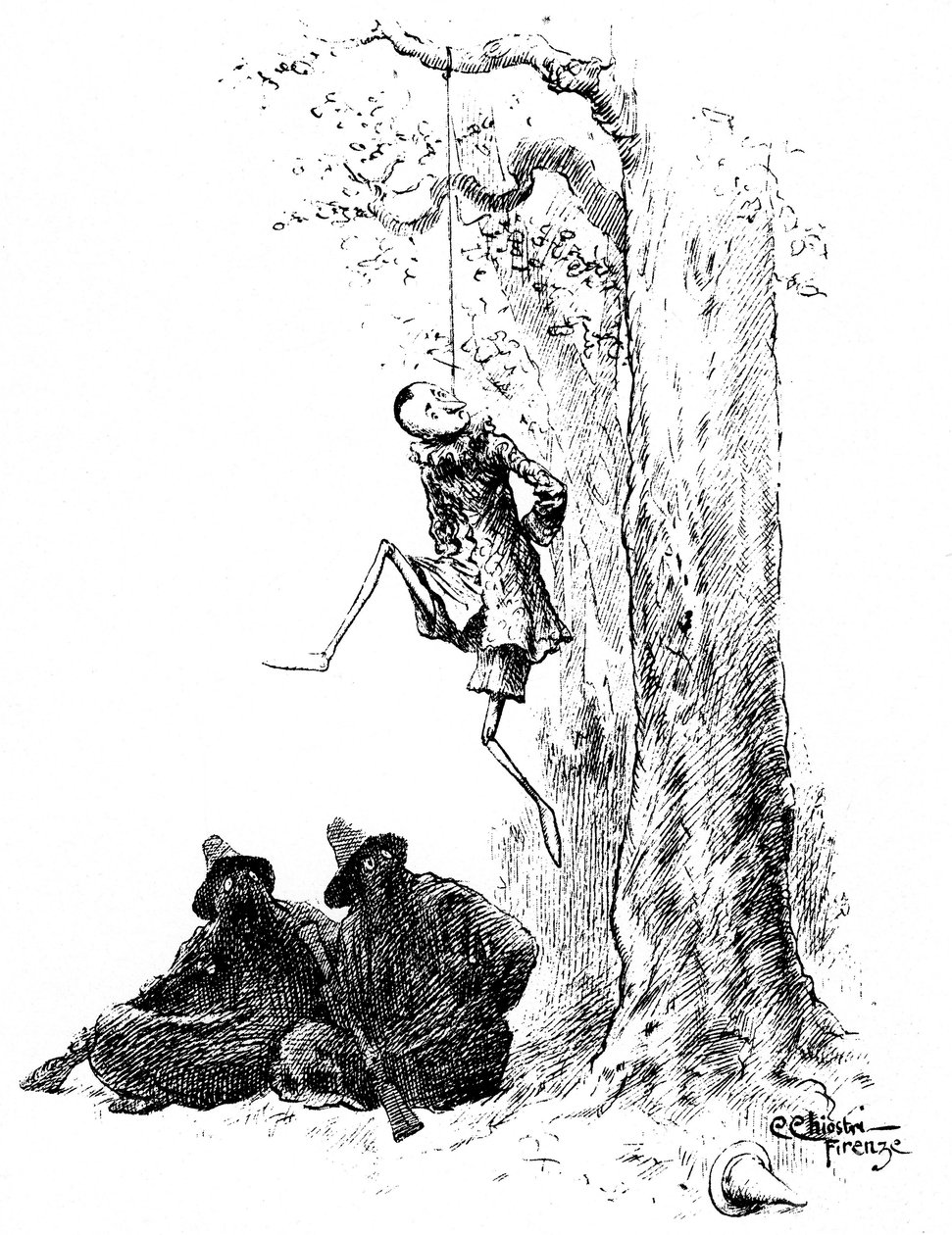 Pinocchio av Carlo Chiostri (1863-1939), en av de første italienske illustratørene av arbeidet til Collodi (Carlo Lorenzini). Tredukken er hengt fra et tre av to banditter (katten og den kamuflerte reven). Denne originale tegningen av Chiostri skal være ko av Carlo Chiostri