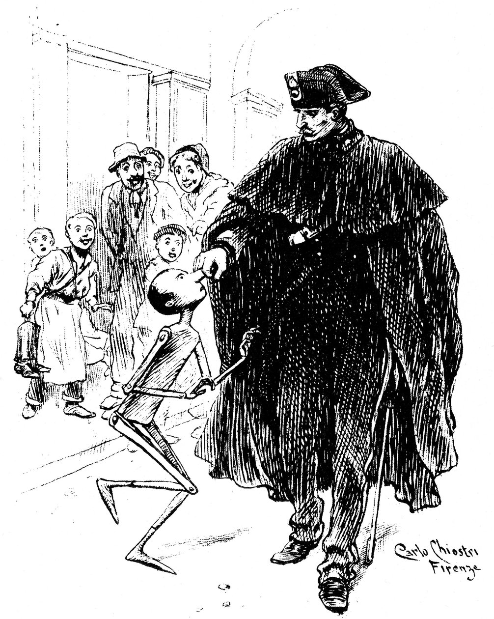 Pinocchio av Carlo Chiostri (1863-1939), en av de første italienske illustratørene av arbeidet til Collodi (Carlo Lorenzini). En politimann tar tak i tredukken gjennom nesen, har kjærestens store glede. Denne originale tegningen av Chiostri skal være ca av Carlo Chiostri