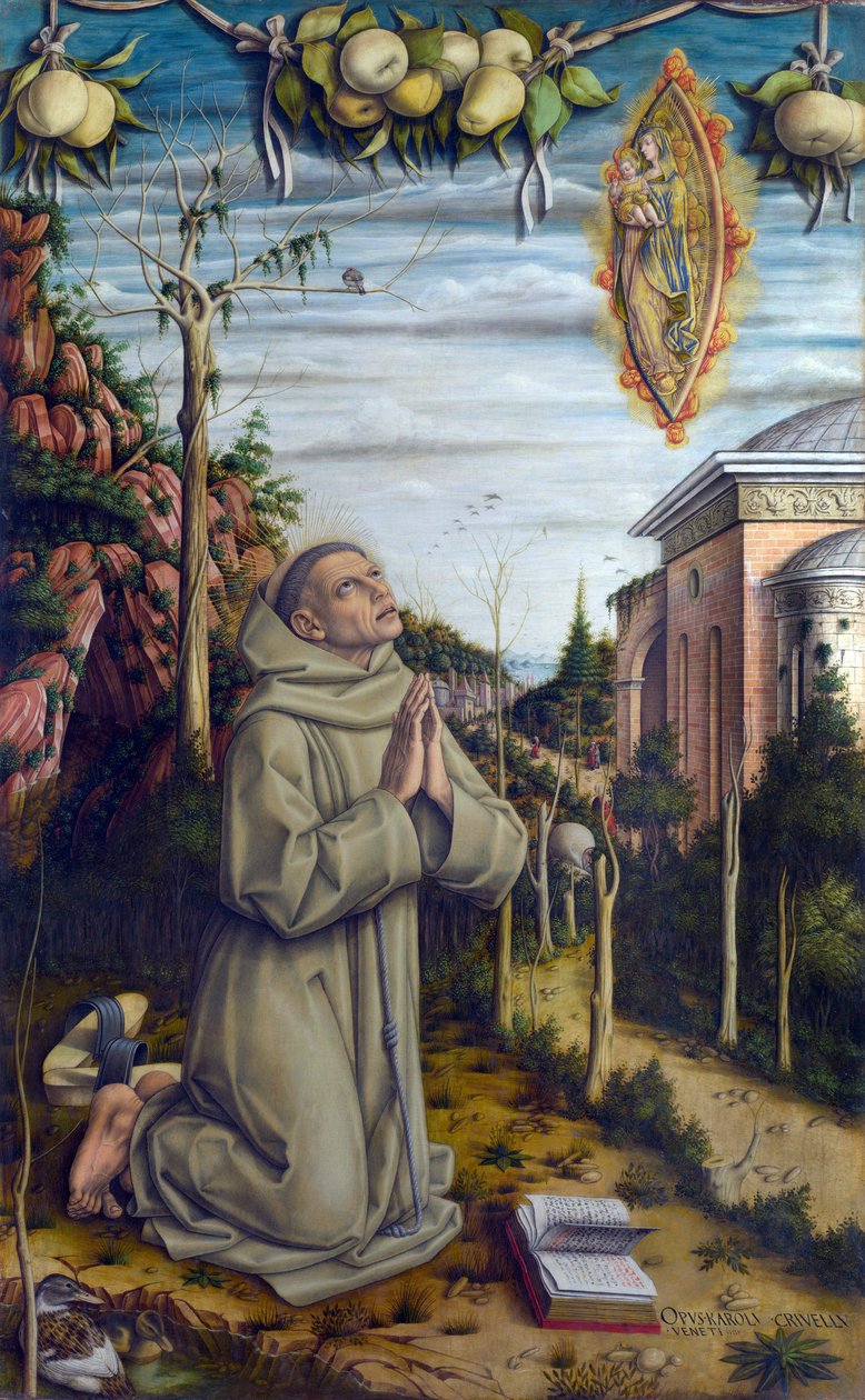 Visjonen til den salige Gabriel - Gabriele Ferretti (1385-1456), italiensk fransiskaner ser jomfru Maria og Jesusbarnet dukke opp - Maleri av Carlo Crivelli (rundt 1435 - rundt 1495), tempera på tre (141x87 cm) av Carlo Crivelli