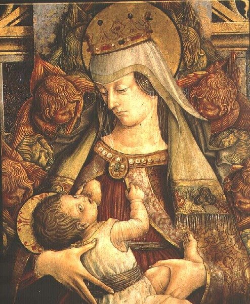 Madonna Suckling her Child, detalj (tempera på panel) av Carlo Crivelli