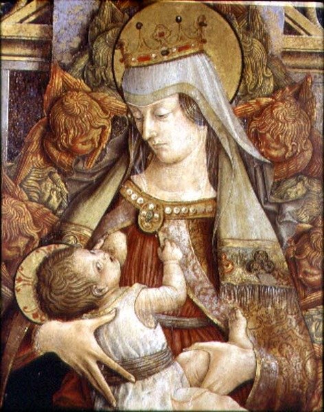 Madonna Suckling the Christ Child (olje på panel) av Carlo Crivelli