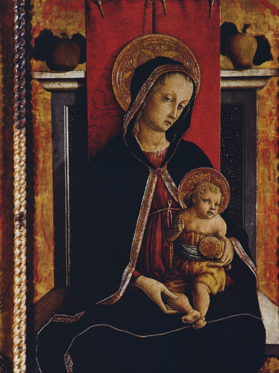 Madonna and Child, detalj fra San Silvestro polyptych, 1468 (tempera på panel) (se 76657) av Carlo Crivelli