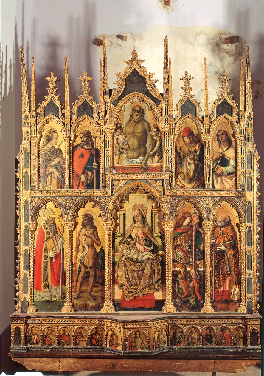 Madonna og barn med helgener, polyptyk (tempera på panel) av Carlo Crivelli