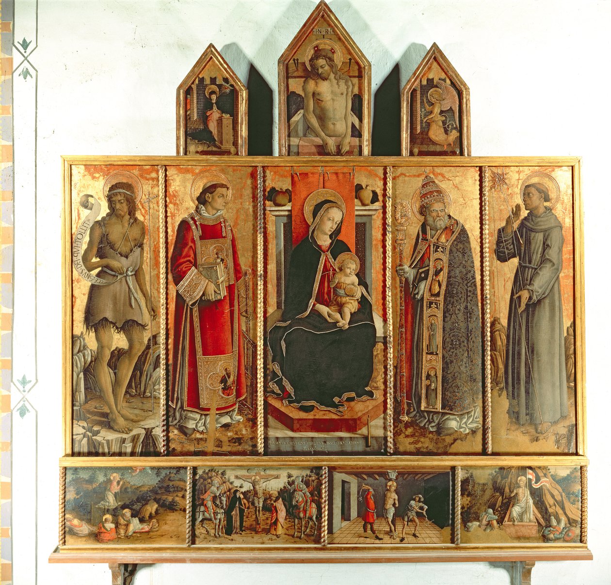 Madonna og barn med helgener, polyptyk, 1468 (tempera på panel) av Carlo Crivelli