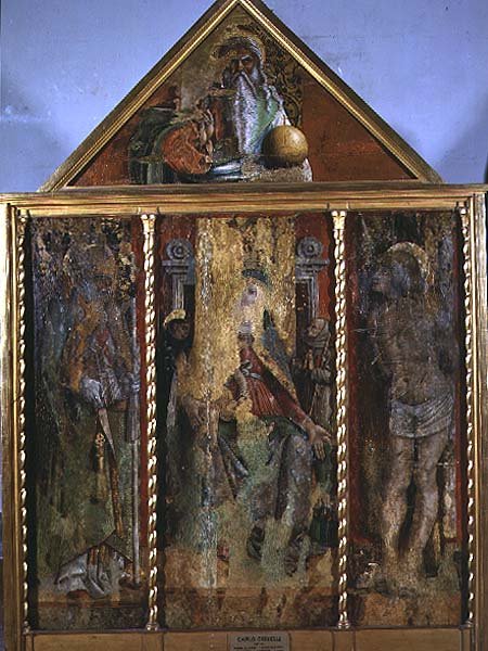 Madonna og barn med helgener, den første triptyken i dalen Castellano (tempera på panel) av Carlo Crivelli