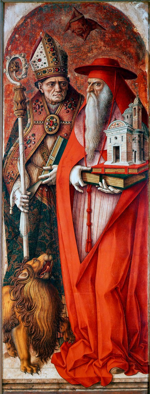 Polyptych of the Cathedrale of Camerino (Duomo di Camerino): Saint Hieronymus og Saint Augustine. Maleri av Carlo Crivelli (1430 / 35-1494 / 1500). Tempera på tre av Carlo Crivelli