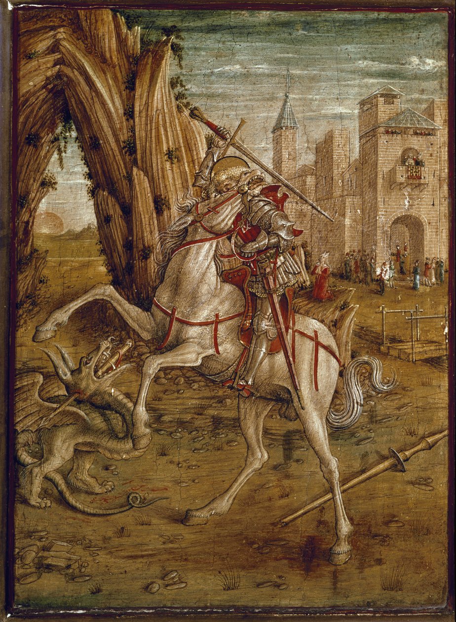 Saint George Killing the Dragon (Predelle of Pala Odoni) - Tempera på tre, etter 1490 av Carlo Crivelli