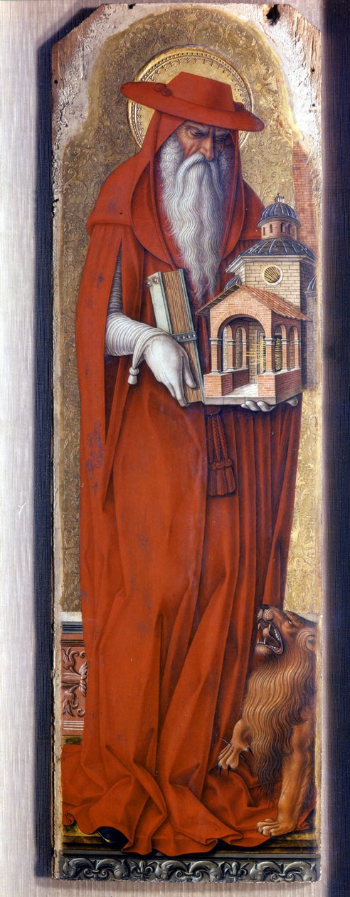 Saint Hieronymus iført kostyme til biskopen (hette). Predelle Demidoff av Carlo Crivelli (1430/35 - 1494). 1476. av Carlo Crivelli