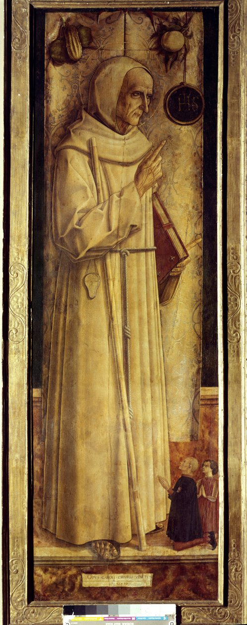 Santiago de la Marche (1394-1476) og to givere som kneler (noen ganger feilaktig sier St. Bernardino av Siena). Maleri av Carlo Crivelli (1435-1495) av Carlo Crivelli