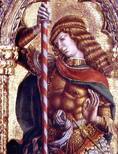 St. Michael, detalj fra San Martino polyptych (tempera på panel) (se 76669) av Carlo Crivelli