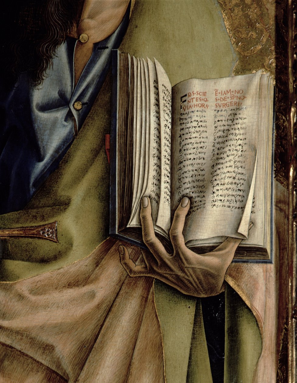 St. Paul, detalj av Epistles bok, fra SantEmidio polyptych, 1473 tempera på paneldetalj av 76647, 76646 og 76636 av Carlo Crivelli