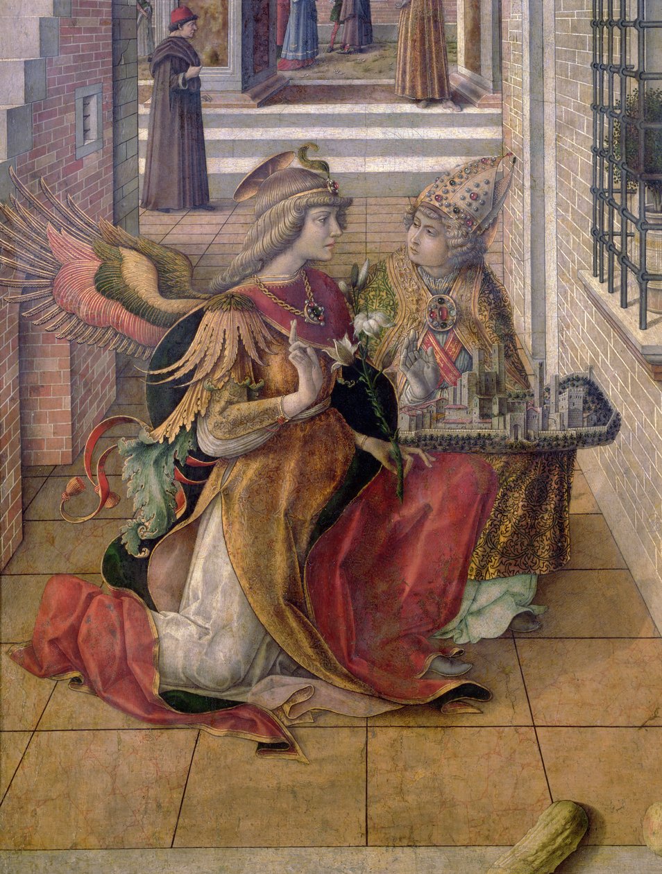 Bebudelsen med St. Emidius, detalj av erkeengelen Gabriel med helgenen, 1486 (tempera og olje på panel) (detalj av 97895) av Carlo Crivelli