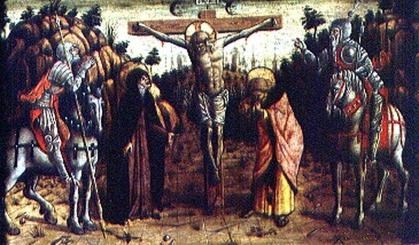 The Crucifixion, midtre venstre predella panel fra San Silvestro polyptych av Carlo Crivelli