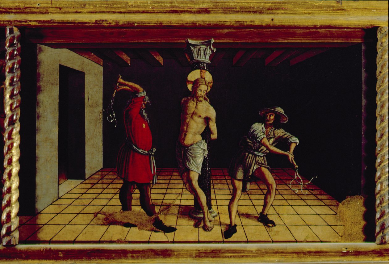 The Flagellation of Christ, sentralt høyre predellapanel fra San Silvestro polyptych, 1468 (tempera på panel) (se 76657) av Carlo Crivelli