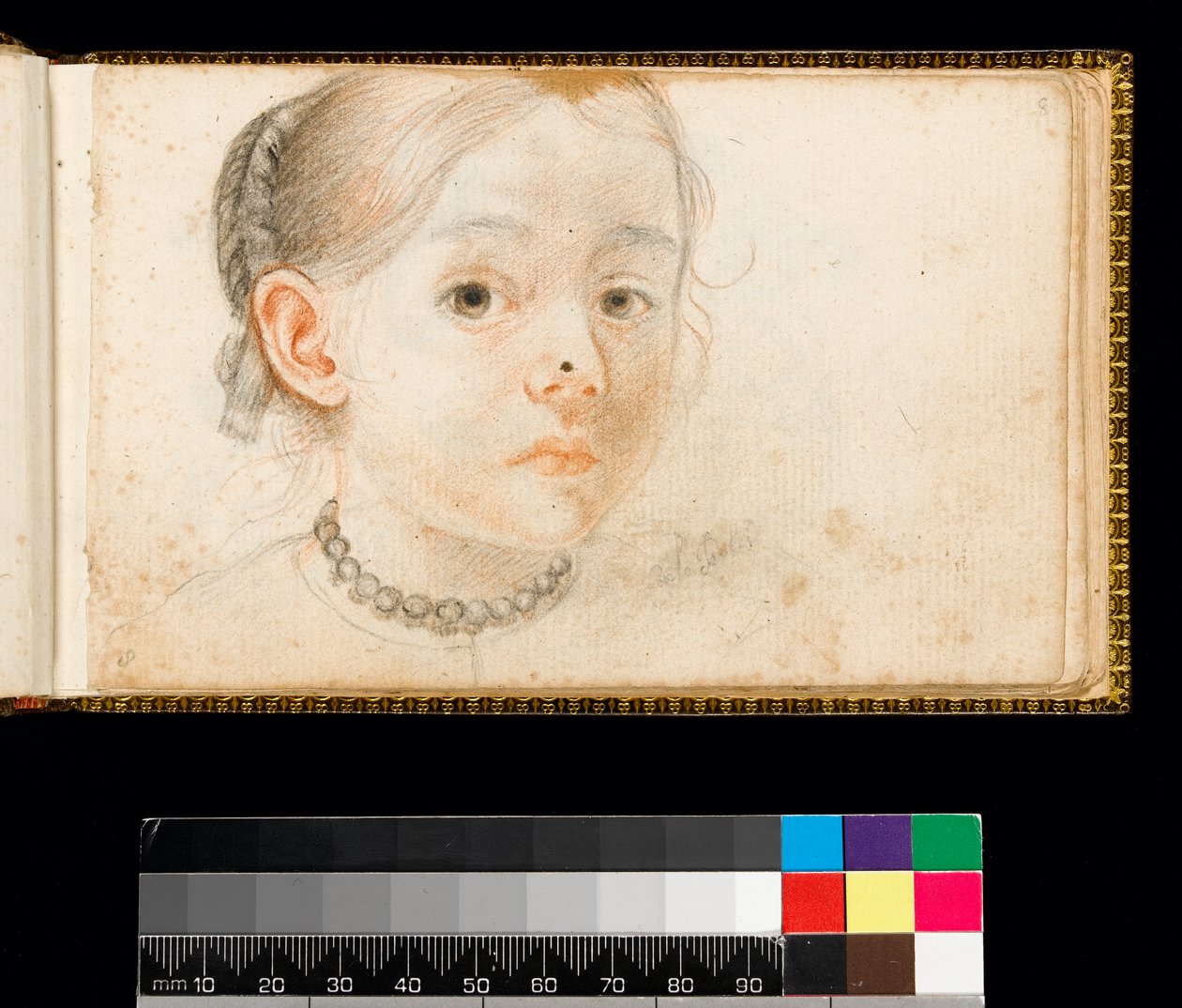 Hode og skuldre til en ung jente, håret flettet rundt bakhodet, iført et halskjede, 1667-1670 av Carlo Dolci
