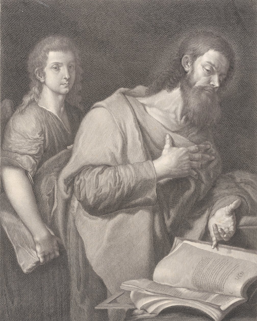Saint Matthew, stående foran en bok til høyre med en hånd på brystet, en annen mann være..., 1750-84 av Carlo Faucci