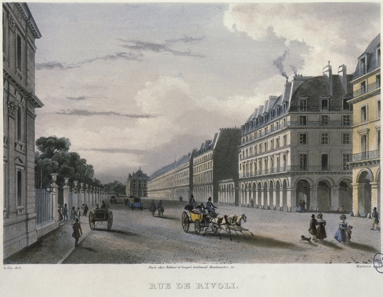 Rue de Rivol, gravert av Frederic Martens (1809-75) 1832 (fargegravering) av Carlo Gilio
