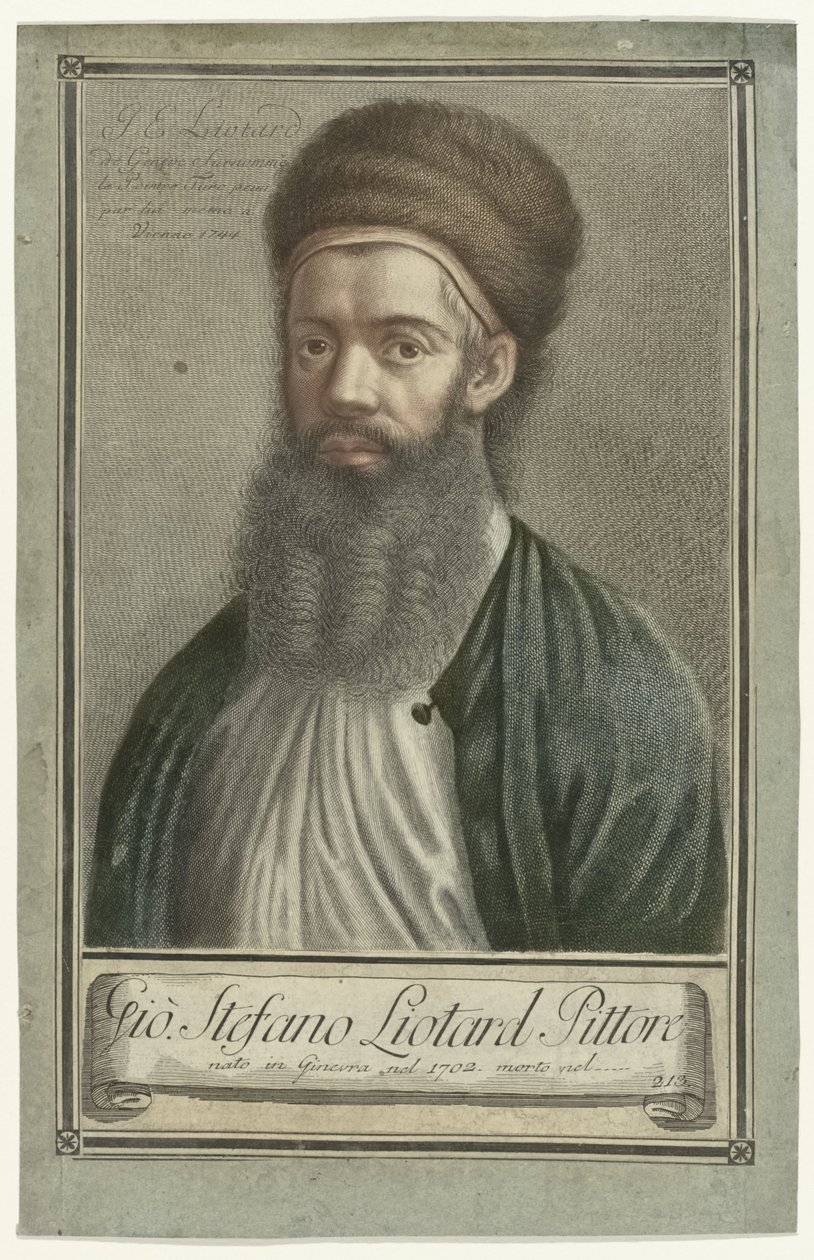 Portrett av maleren Jean-Etienne Liotard i tyrkisk drakt med skjegg og pelslue Portretter av artister (serietittel) av Carlo Gregori (possibly)