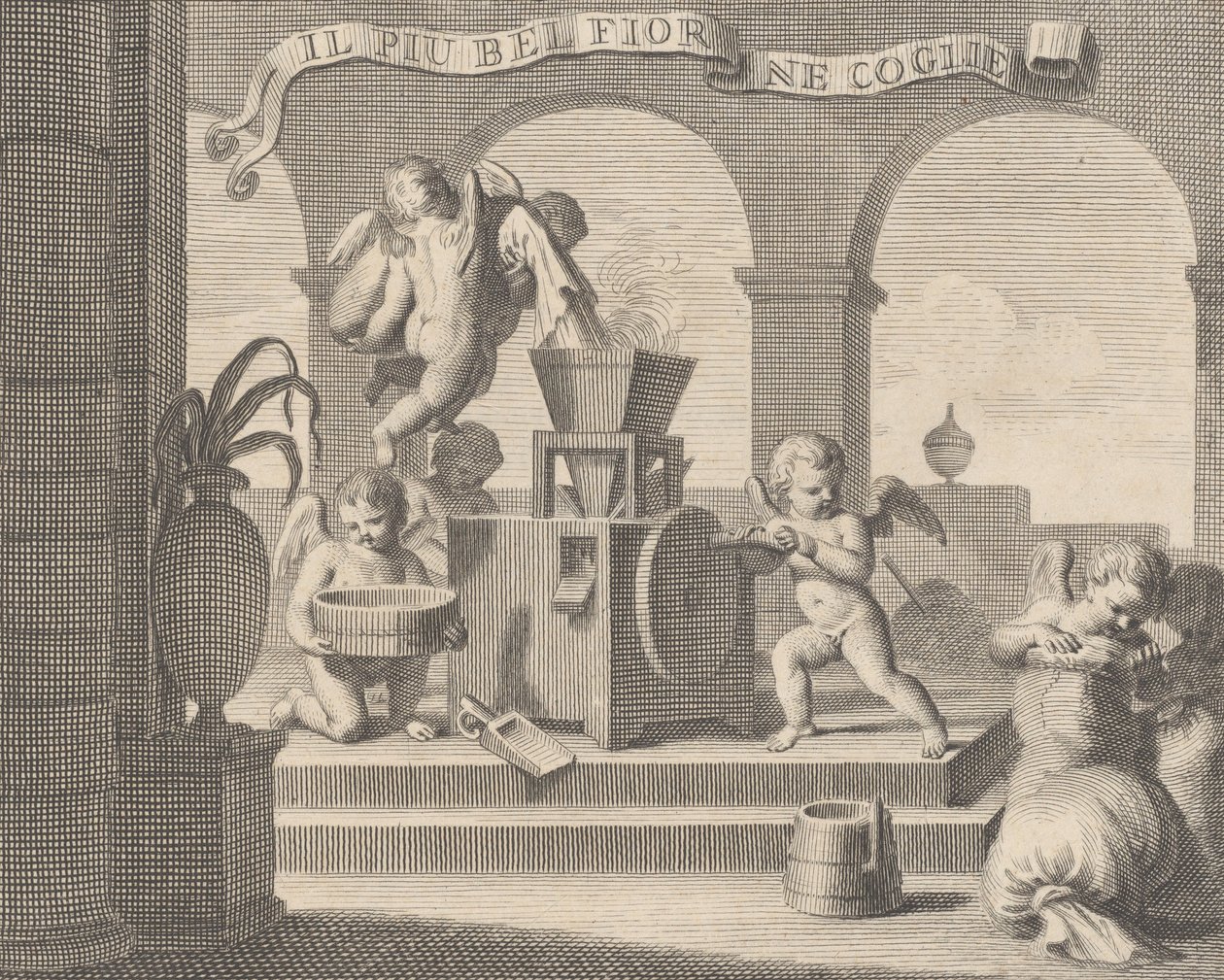 Hun samler den vakreste blomsten Il più bella fior groglie ne, en gruppe på seks putti workin ..., 1740-59. av Carlo Gregori