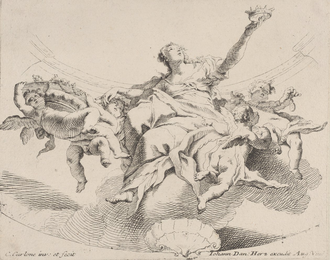 Makt, representert av en kvinne som sitter på skyer som holder en krone og omgitt av putti,..., 1725-75. av Carlo Innocenzo Carloni