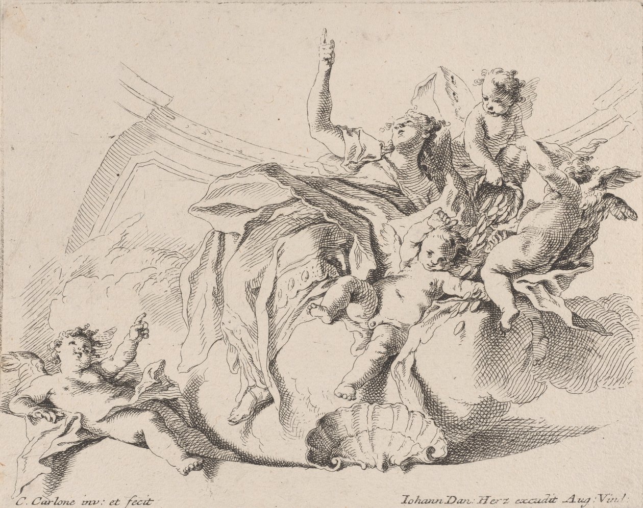 Rikdom, representert av en kvinne som sitter på skyer og omgitt av putti, hvorav en er..., 1725-75. av Carlo Innocenzo Carloni