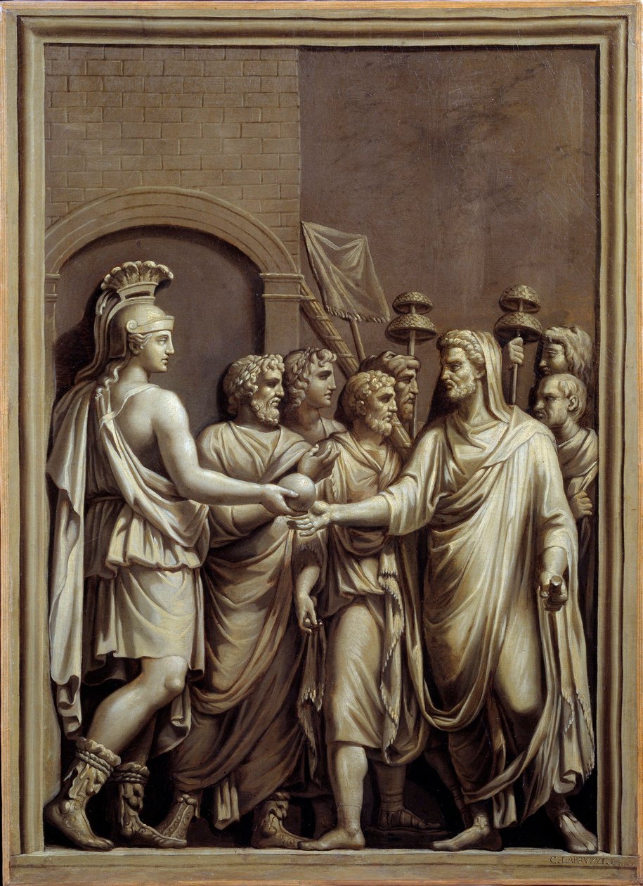 Antikkens Roma: kriger og mann i en toga som utveksler en sfære. Maleri av Carlo Labruzzi (1748-1818) etter et lavt romersk relieff. Brest. Museum of Fine Arts av Carlo Labruzzi